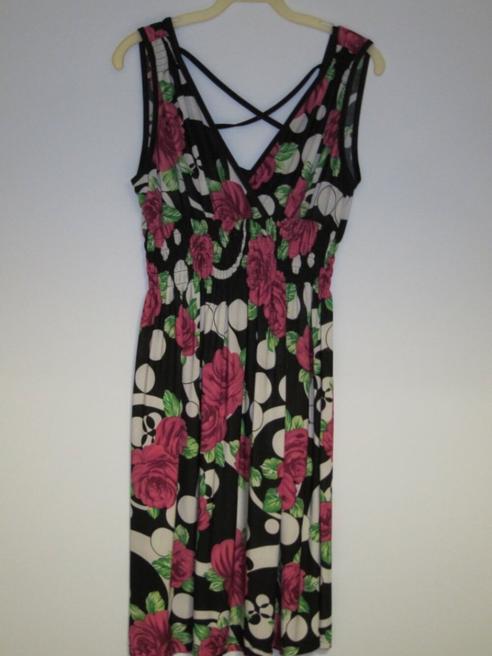 Sleeveless Magenta, Black, White and Green Floral Dress